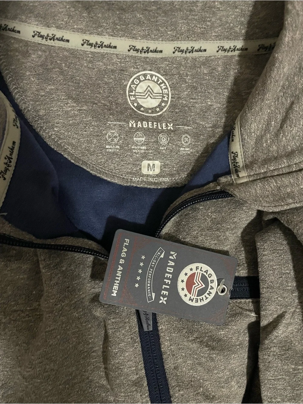 Flag & Anthem MadeFlex Men's Grey Navy Full-Zip Sweater Jacket Shirt Size Medium